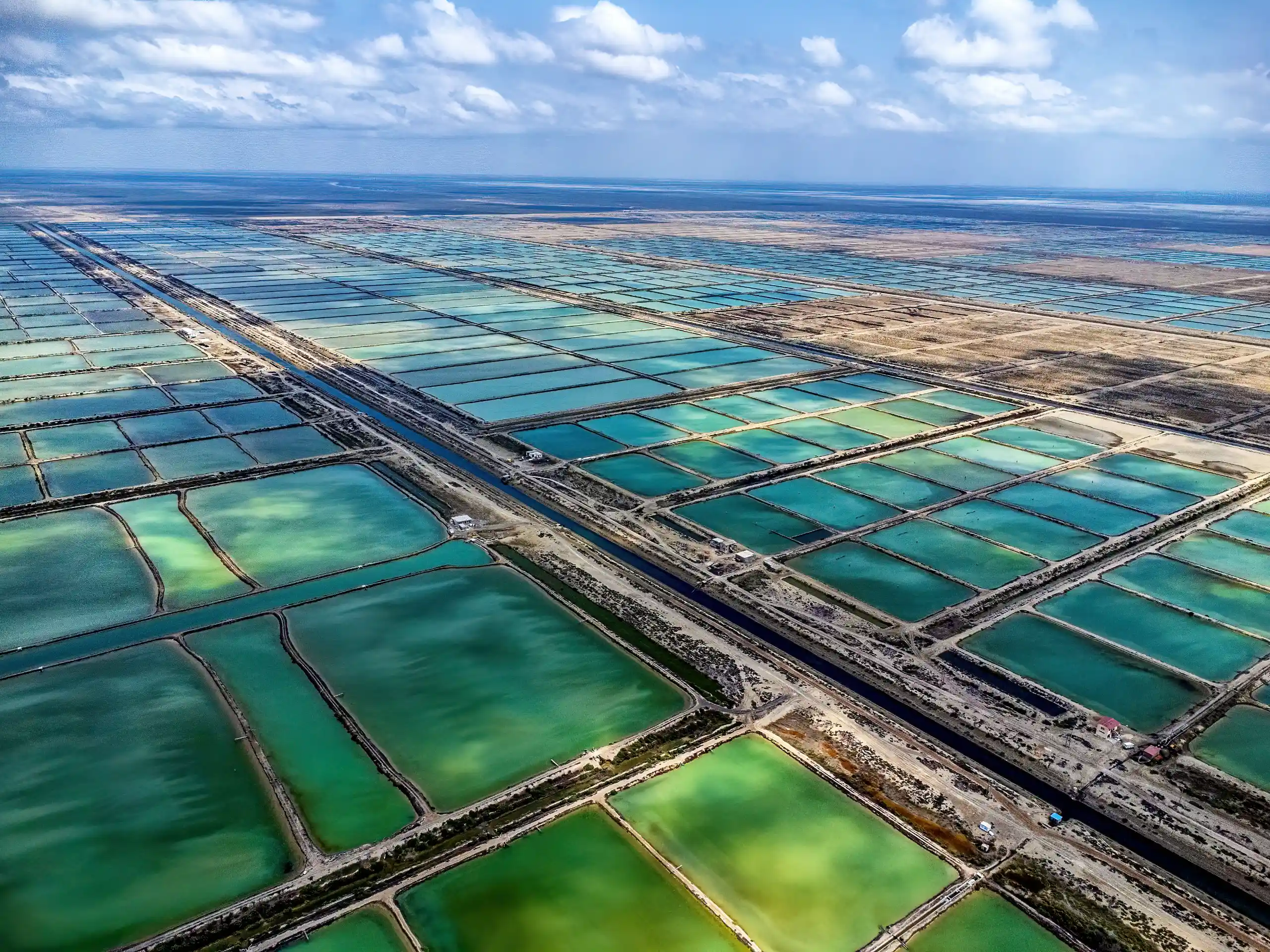 Aerial view of geometric shrimp farming pools with turquoise and green water under a partly cloudy sky in Gomishan, Golestan. Photograph by Mohammad Ataei.