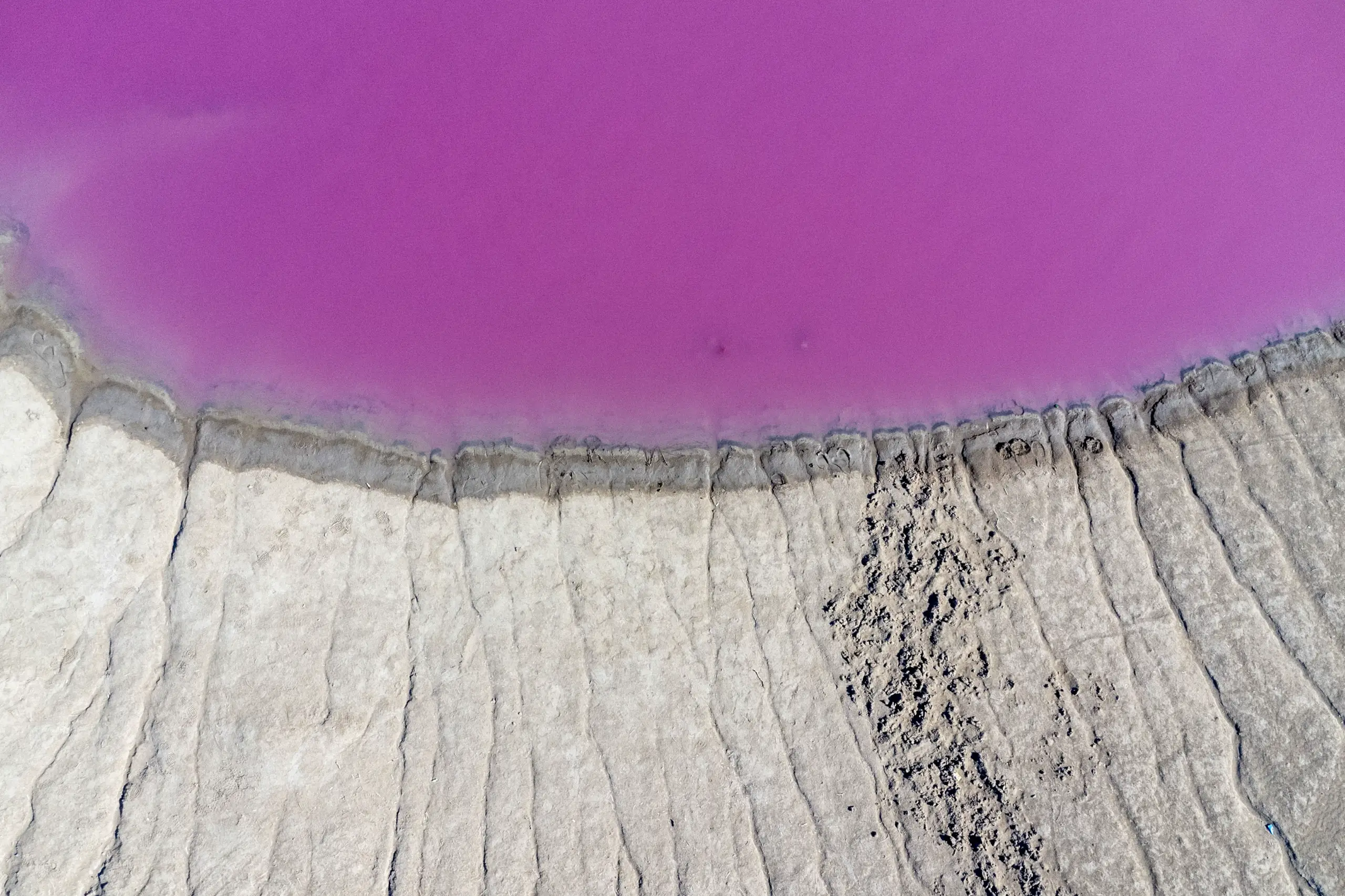 An aerial shot showing the vivid pink water of the Naftlijeh mud volcano meeting cracked white and gray mud banks. Photograph by Mohammad Ataei.