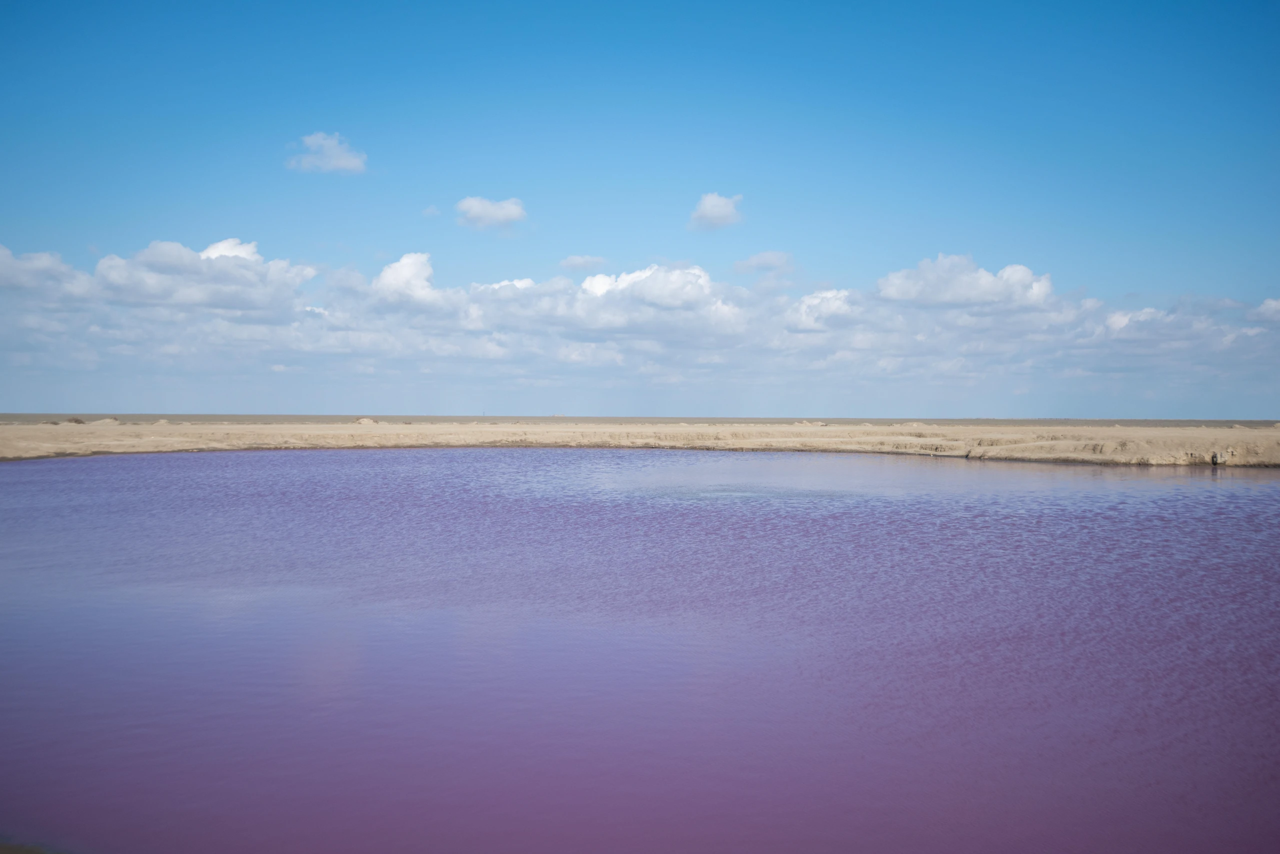 A wide landscape view of the Naftlidje mud volcano pool with striking purple and pink water under a blue sky with scattered clouds in Golestan province. Photograph by Mohammad Ataei.