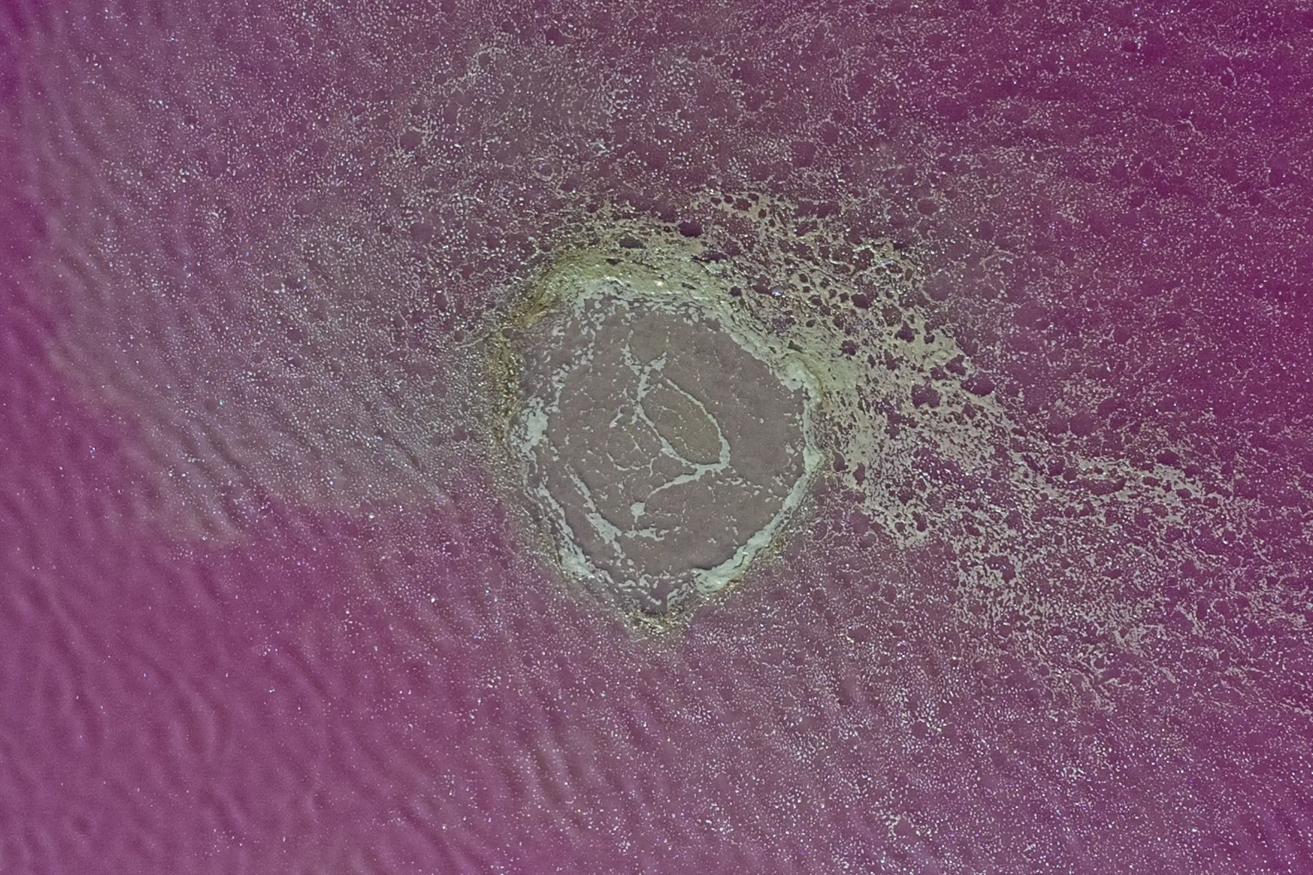 An overhead aerial view shows the striking pink and purple waters of Naftlijeh Mud Volcano surrounding a central earthy crater in Golestan Province. Photograph by Mohammad Ataei.