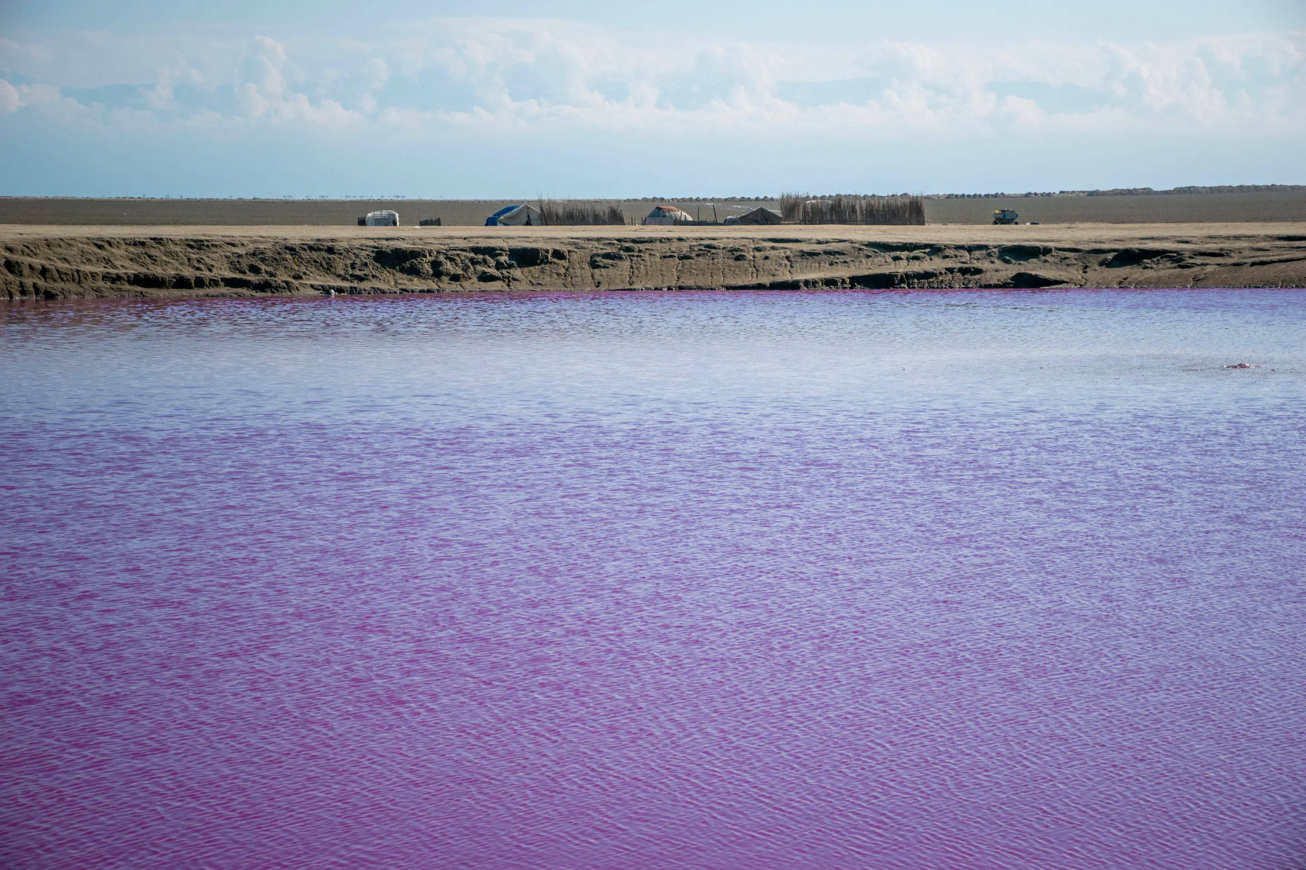 A wide-angle landscape shot showing a pink and purple mud volcano pool with a flat horizon, sparse distant shelters, and a cloudy sky. Photograph by Mohammad Ataei.