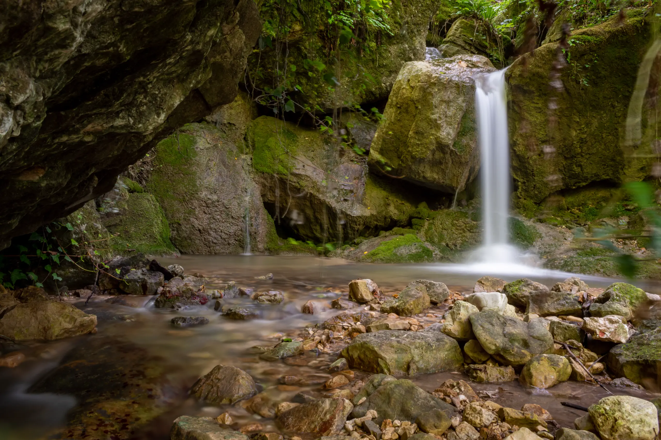 A long exposure photograph of a small waterfall cascading over mossy rocks into a stream in a lush green forest. Photograph by Mohammad Ataei.